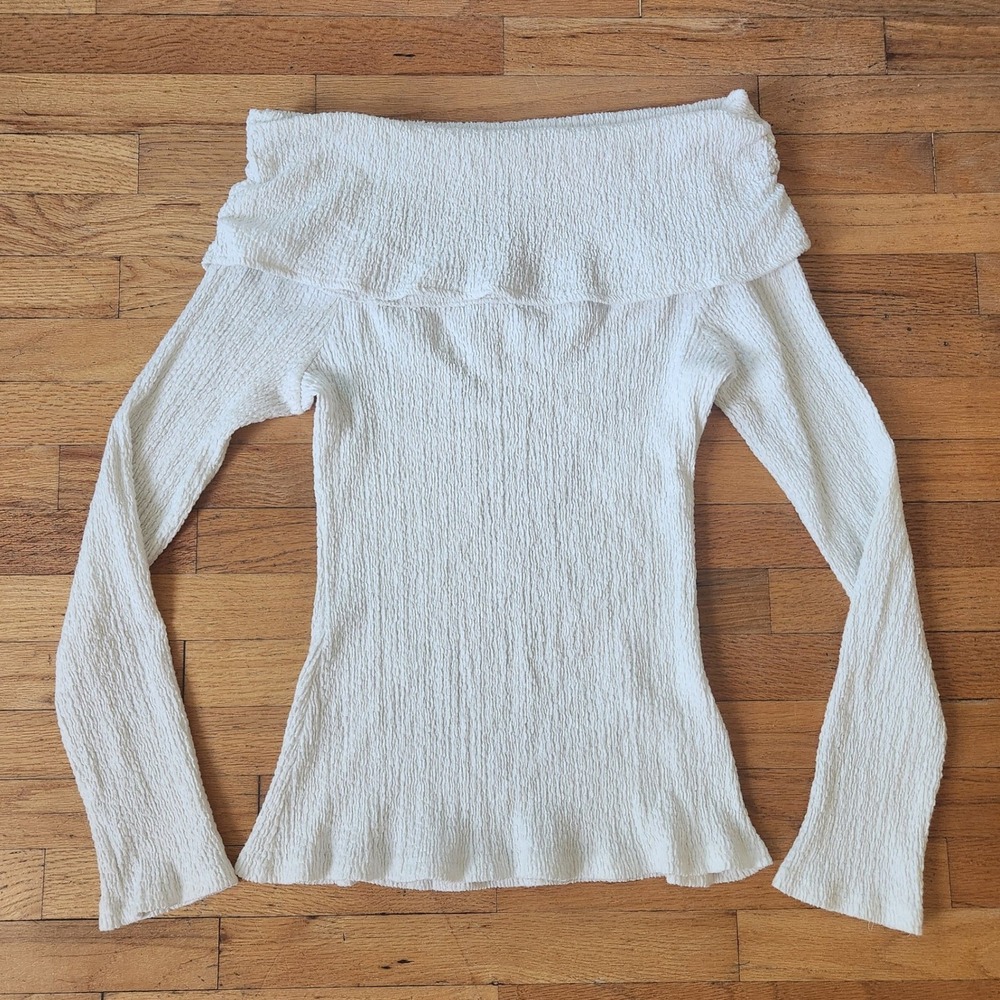 Zara Textured Long Sleeve Off Shoulder Top Medium Cream Balletcore Chic Coquette